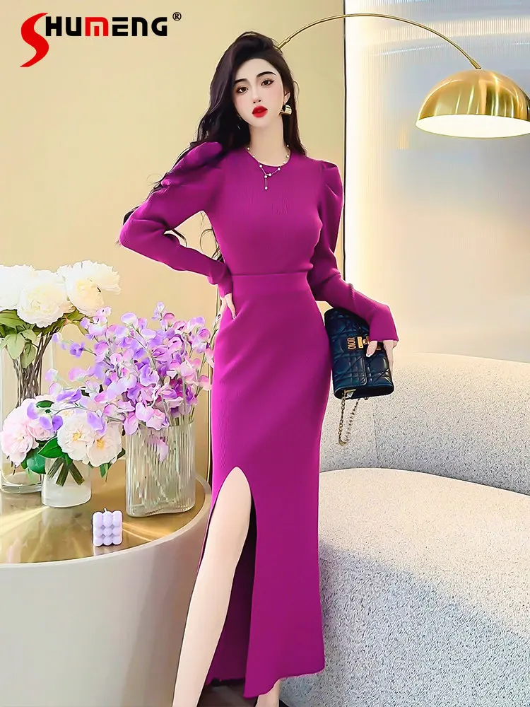 High-End Fashion Commuter Knitted Suit Dress Bubble Long Sleeve Autumn and Winter New Sweater Top High Waist Skirt Two-Piece Set