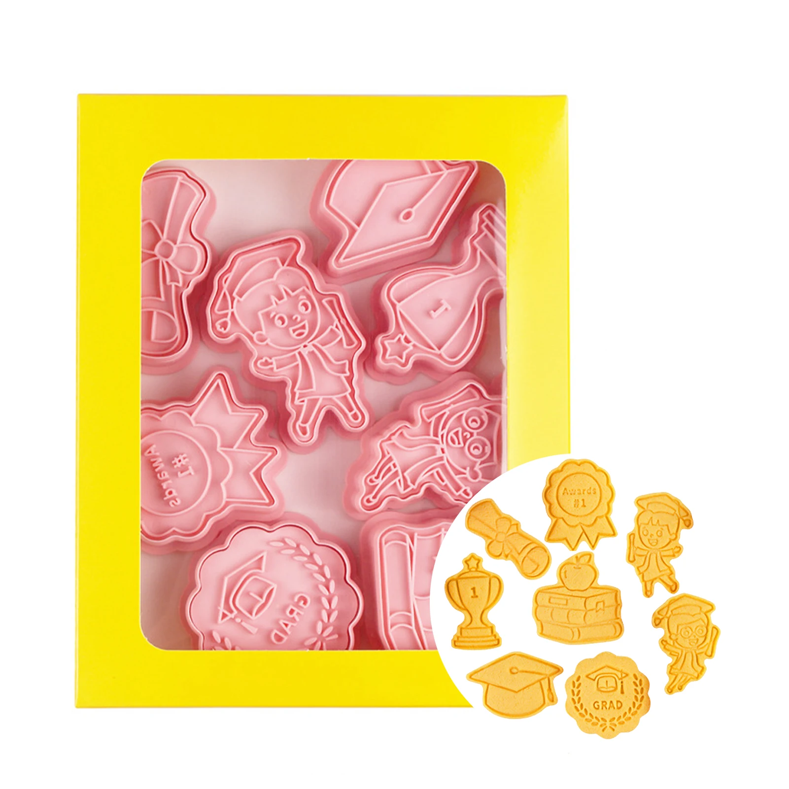 

8Pcs/set Cute Cookie Cutters Plastic Graduation Theme Pressable Biscuit Mold Cookie Stamp Kitchen Baking Pastry Bakeware Tools
