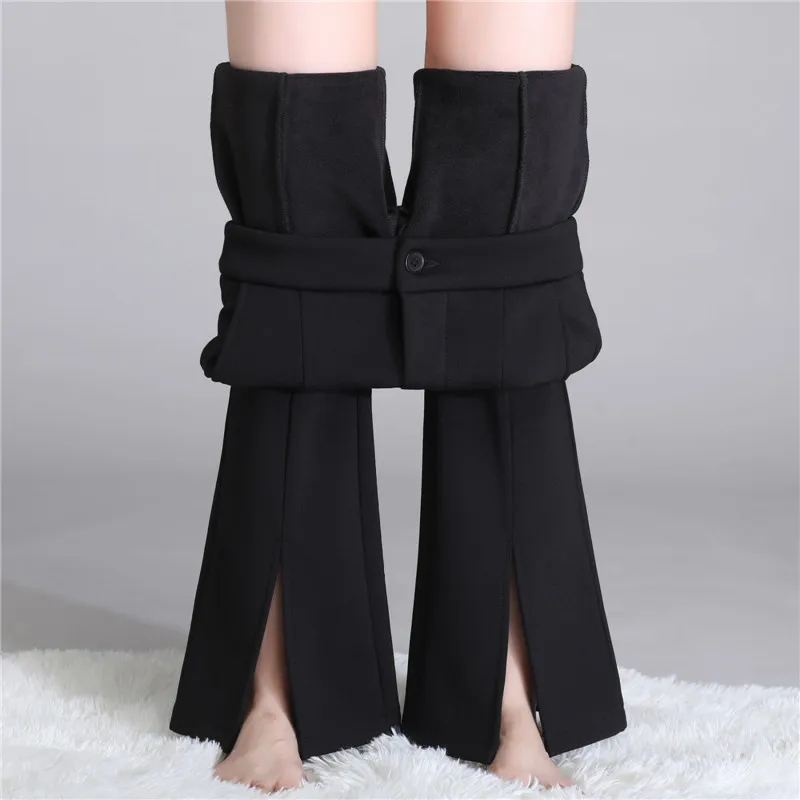 Women High Waist Fleece Flare Pants Winter Warm Loose Stretch Leggings Black Knitted Trousers Spring Blazer Pants Female 6311