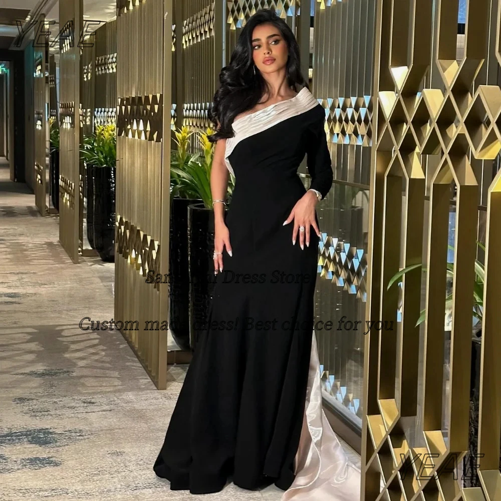 Фото Santorini Customized One Shoulder Black Prom Dresses Contrast Color Flutters Vestidos De Noches Beaded Sexy Back Evening Gowns №1