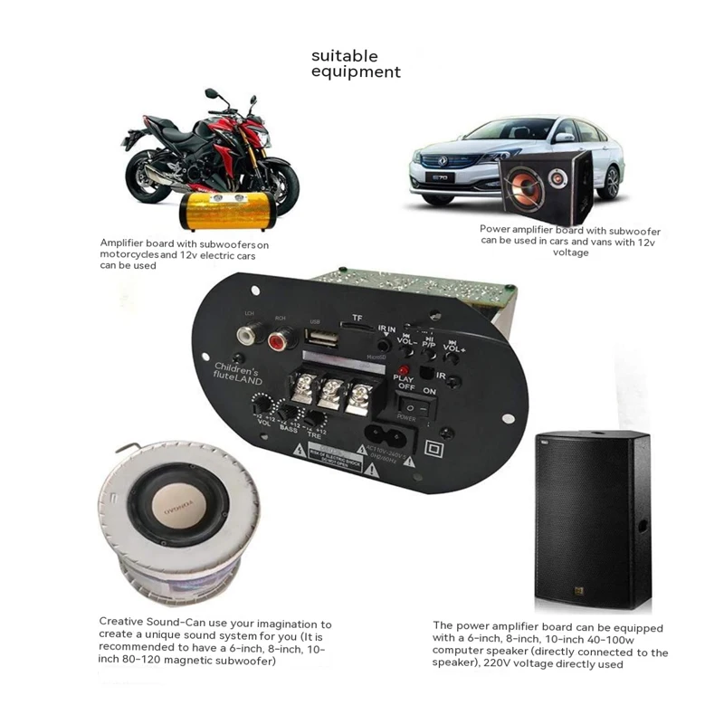 1 комплектлот: Мощная автомобильная усилительная плата Bluetooth 12В220В для сабвуферов 6-10 дюймов с поддержкой TF-карт, AUX-входом и пультом ДУ (art.: 3920dbed4bd5f) - 3920dbed4bd5f