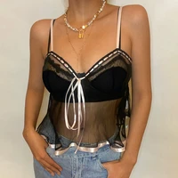 black transparent mesh sexy y2k camisole fashion harajuku ruched ruffles splice lace up kawaii crop top summer womens 2021 new