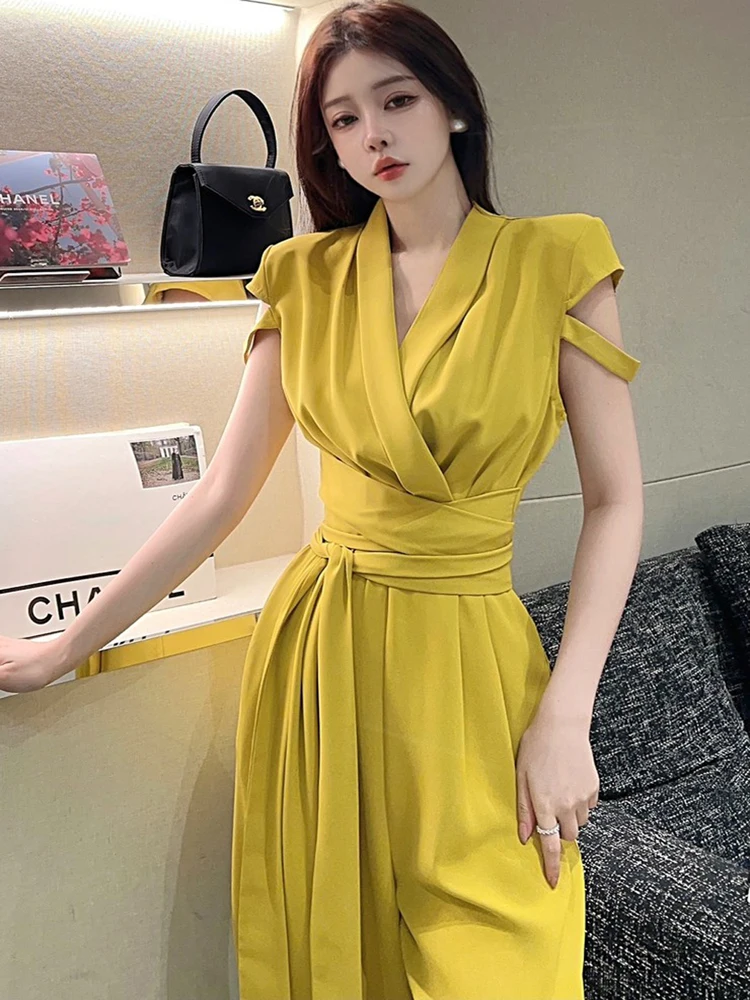 

Женский комбинезон с завышенной талией, Элегантный Приталенный комбинезон с V-образным вырезом и завязками, офисный комбинезон с широкими штанинами, 2023