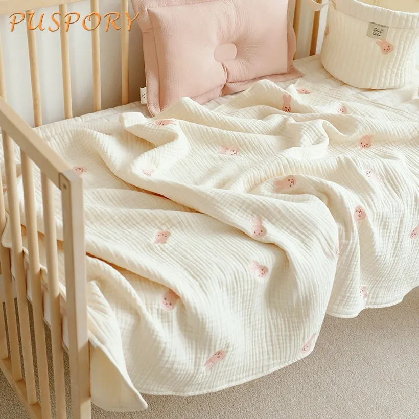 

Детское одеяло, удобное мягкое 6-слойное одеяло из чистого хлопка с милой вышивкой и мультяшным медведем, белье для коляски