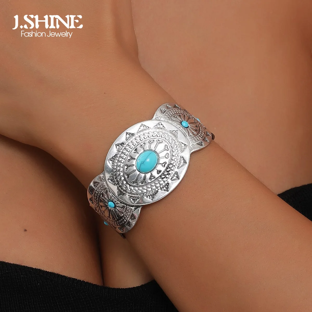 J.Shine античный серебряный цвет геометрический рельефный узор открытые манжеты