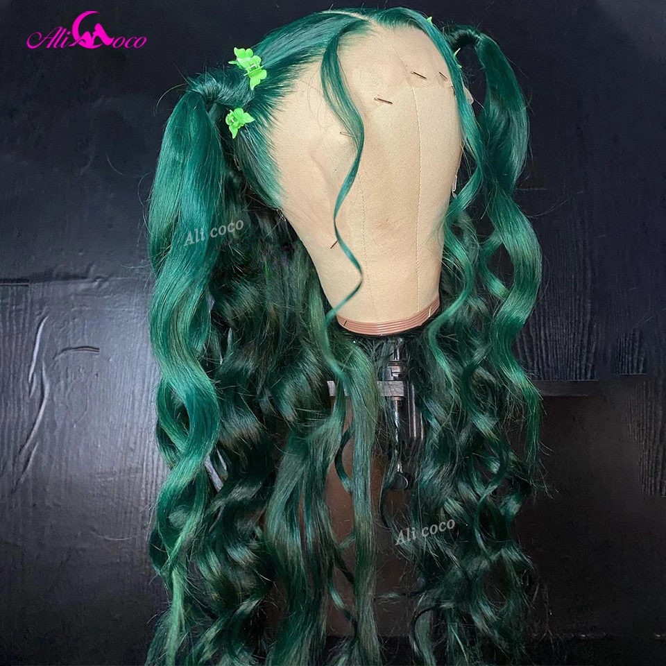 

Черновато-зеленый парик с волнистыми волосами, предварительно выщипанные цветные парики 13 х6 из человеческих волос на сетке для женщин, 5 Х5 ...