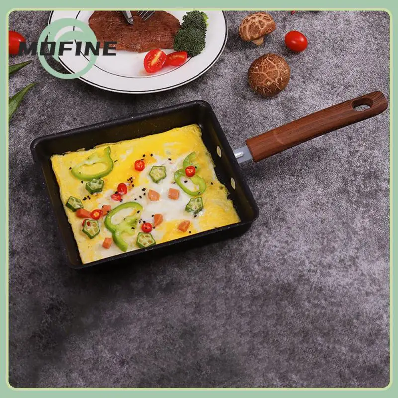 

Breakfast Make Fry Egg Pan Cooking Iron Square Pan Thickened Solid Wood Handle Non-stick Pan Kitchen Accessories Japanese Style