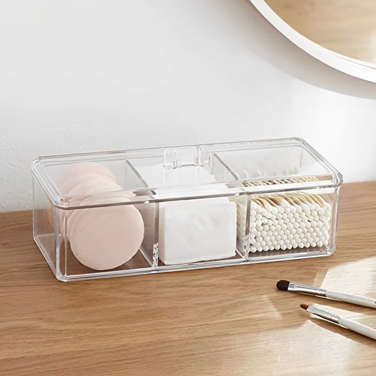 

New Cotton Pads Holder Organizer 3-Grid Cosmetic Pads Storage Box with Lid Acrylic Makeup Brush Holder Dispenser Transparent
