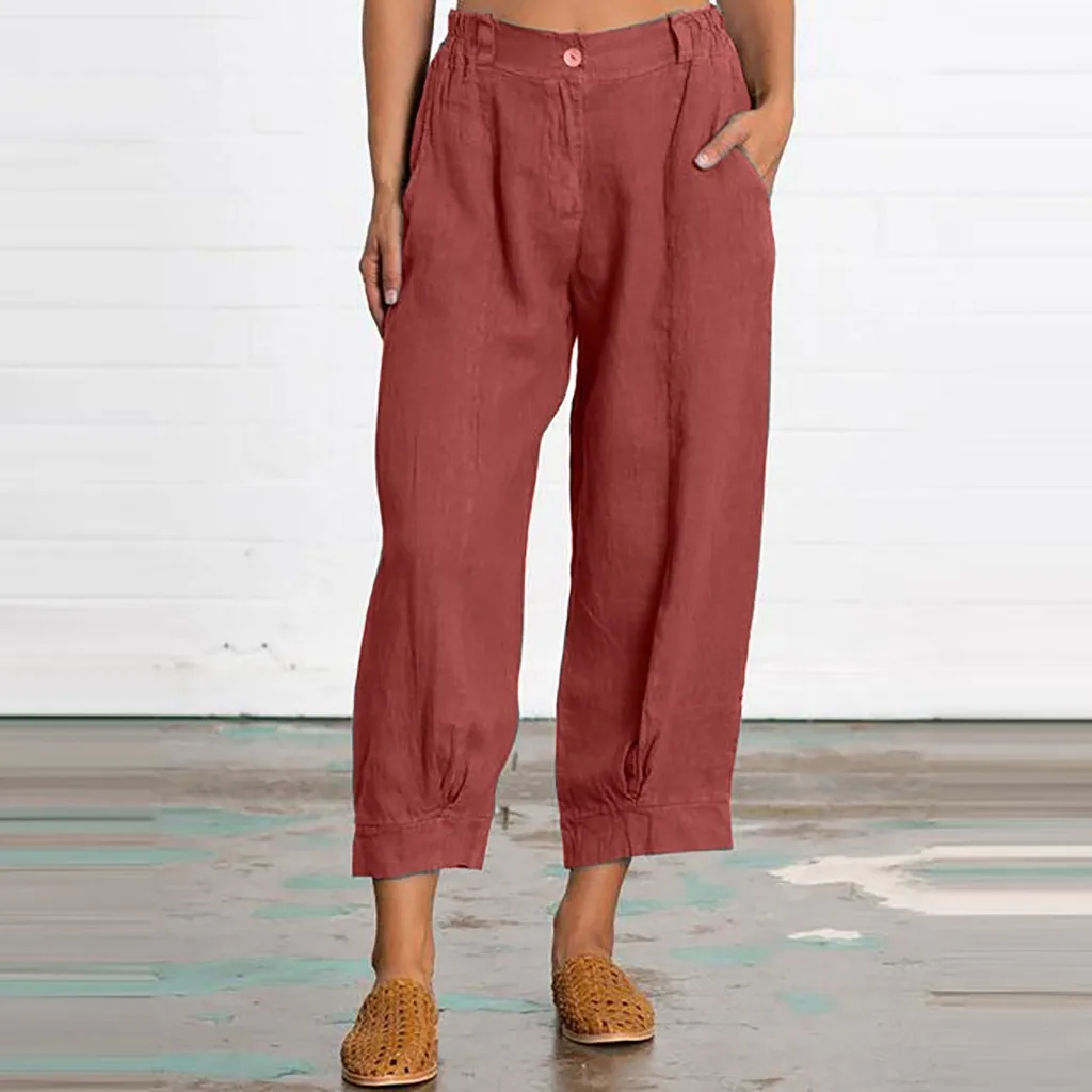 

Women's Casual Cotton Linen Calf Pants Summer Fashion Solid Color Nine Point Pants Elegant High Waist Button Pocket Trousers
