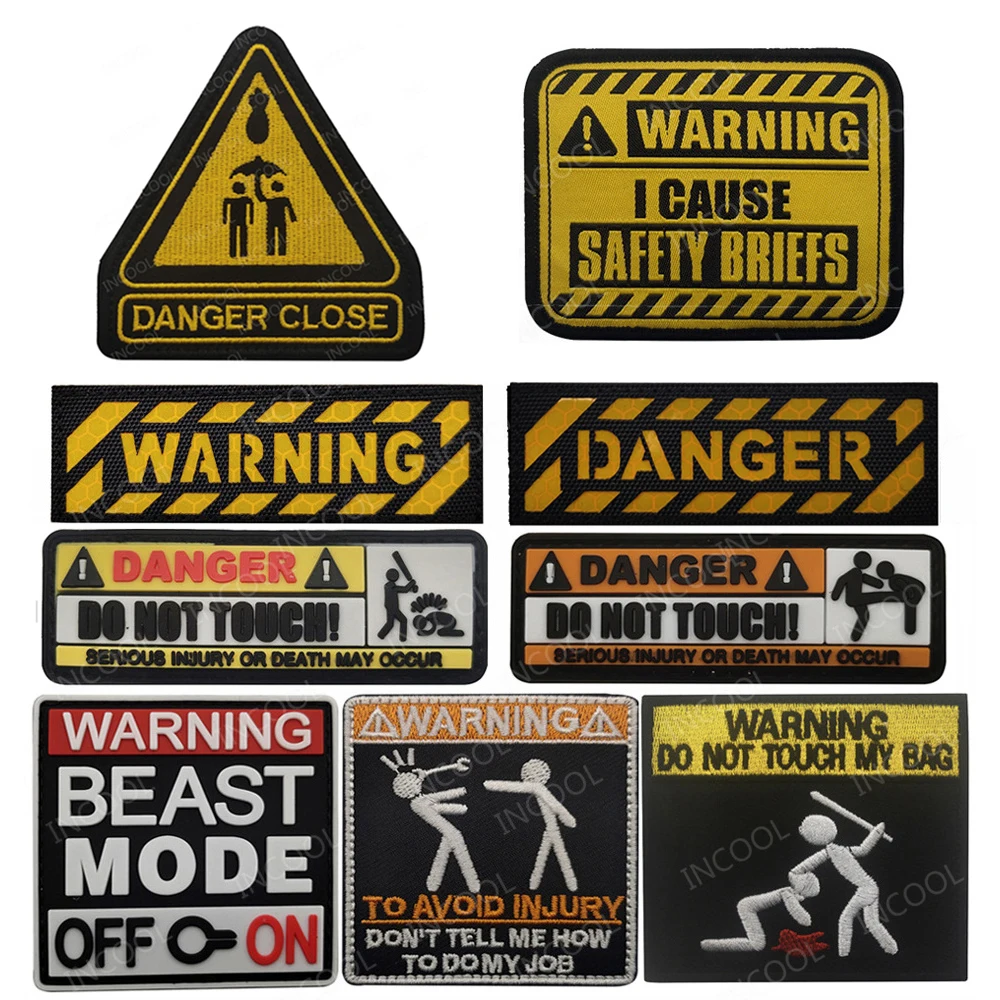 

Danger Close Warning Do Not Touch Safety Tactical Military Alert Embroidered Badges Rubber Decorative Patches Emblem Appliqued