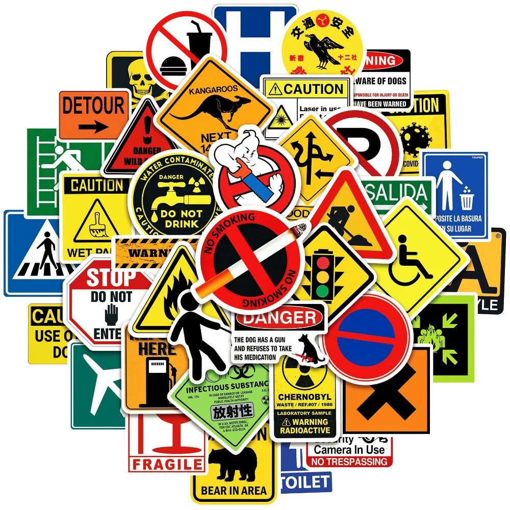 

50 шт. Мультяшные предупреждающие наклейки, опасность, запрещение, скейтборд, гитара, ноутбук, мотоцикл, автомобиль, Классическая Игрушка, крутые наклейки