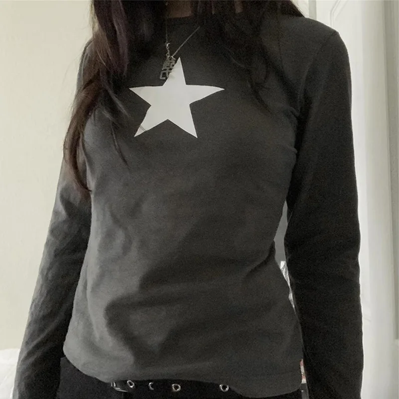

Y2K Ретро футболки с принтом звезд винтажные Fairycore с длинным рукавом милые футболки одежда в стиле 1920-х Харадзюку гранж базовые толстовки пуловеры Топ