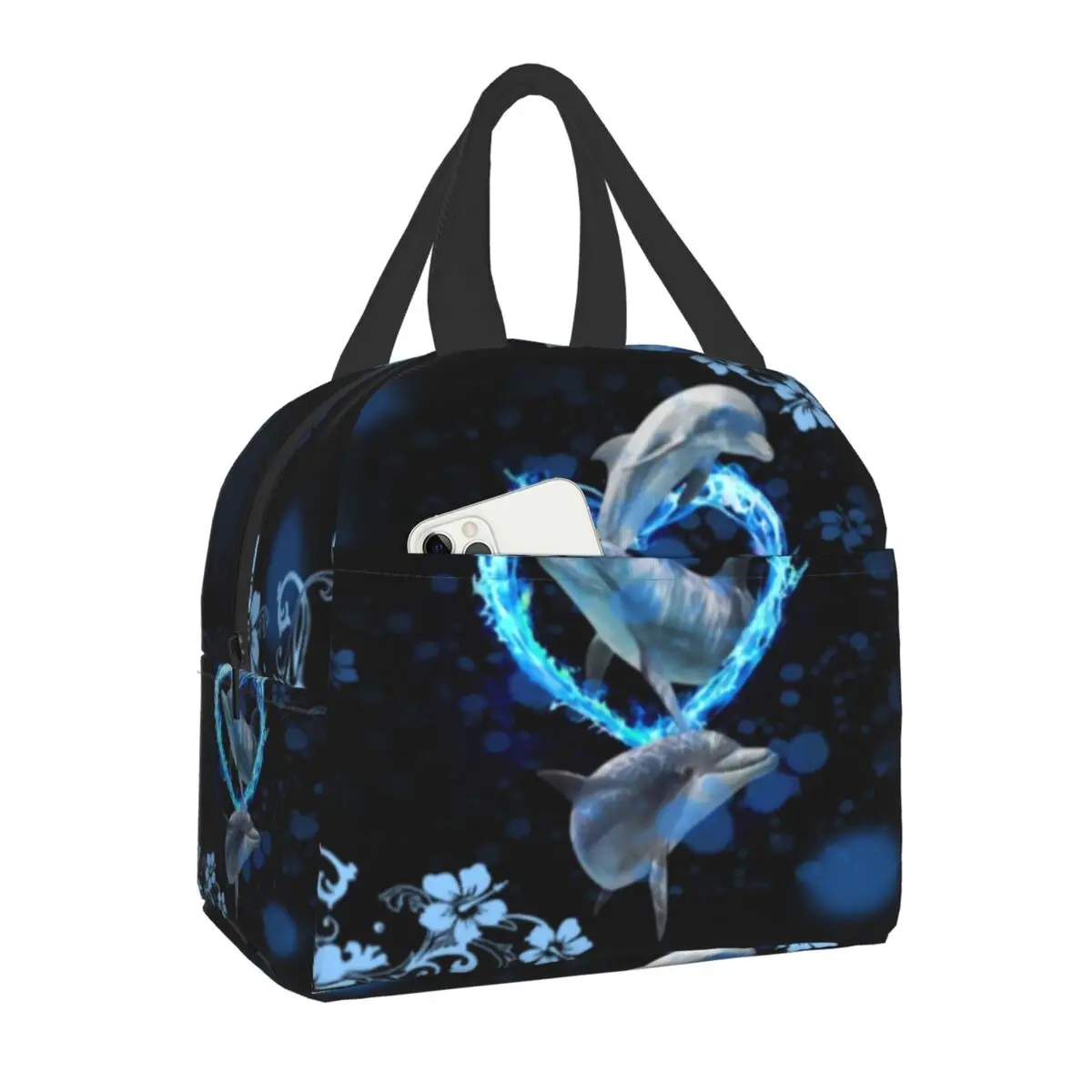 

Изолированная сумка для ланча с голубыми дельфинами для женщин, термоохлаждающий контейнер для еды с морскими и синими морскими животными, ...