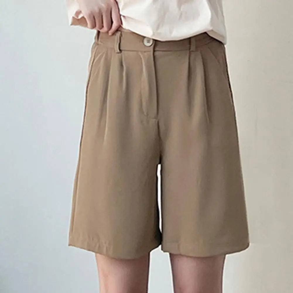 

High Waist Elastic Waistband Women Shorts Button Fly Pockets Knee Length Straight Wide Leg Suit Short Pants Workwear