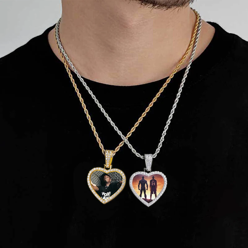 Photo Customized Heart Pendant Necklace W 24Inch Chain Personalized Necklace Diy Private Custom Photo Men's Hip Hop Jewelry Gift