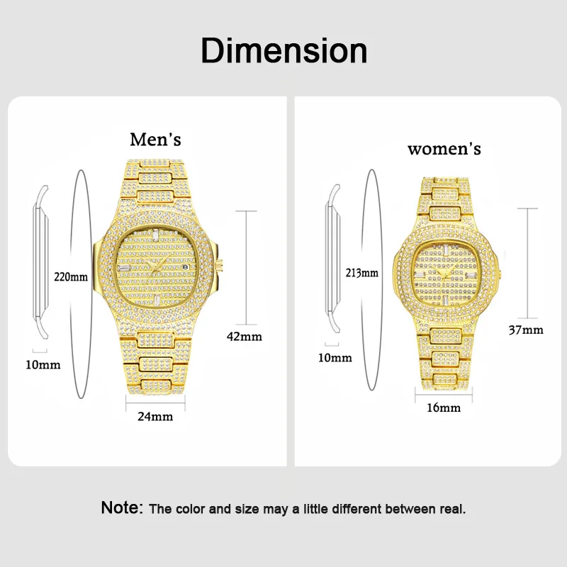 MISSFOX 18K Gold Watch Quartz Full Diamonds Stones Lovers Couple Watch Men's Women's Steel Bling Hip Hop Ice out Watch Men Women