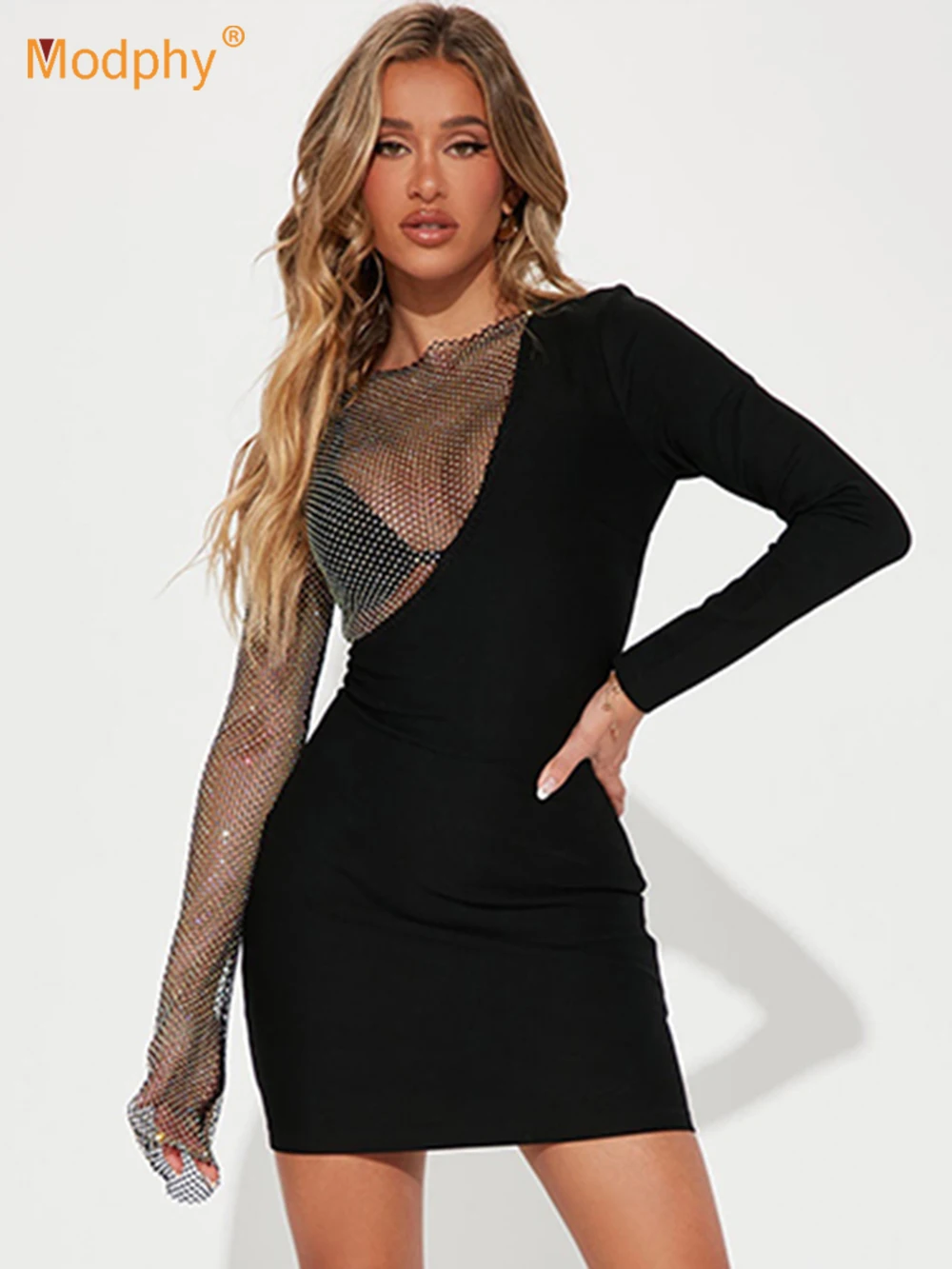 Modphy Sexy Black Mesh Diamond Bandage Dress Women 2023 New Fashion Party Dresses Patchwork Long Sleeve Bodycon Mini Vestido