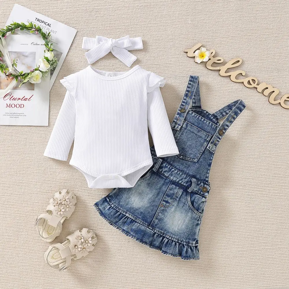 

Newborn Baby Girl Clothes Set Summer Infant Outfits Solid Color Romper Jeans Suspender Dress Headband 3Pcs for Toddler Clothing