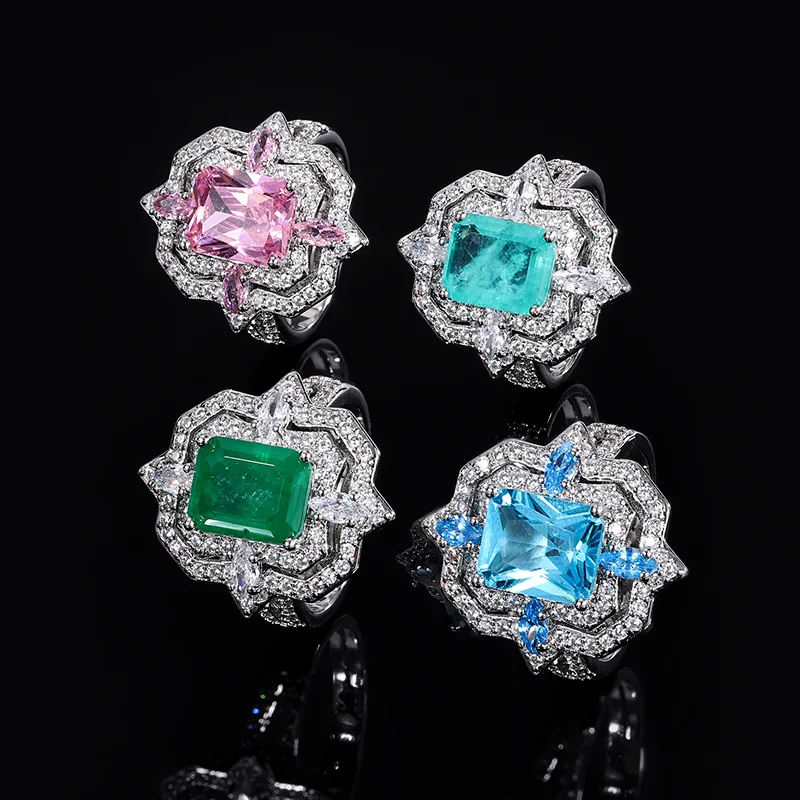 

Adjustable Vintage Paraiba Gemstone Ring for Women Square Shaped Wedding Gift Lace Dress Accessory Couples Macrame Claw Inlaid