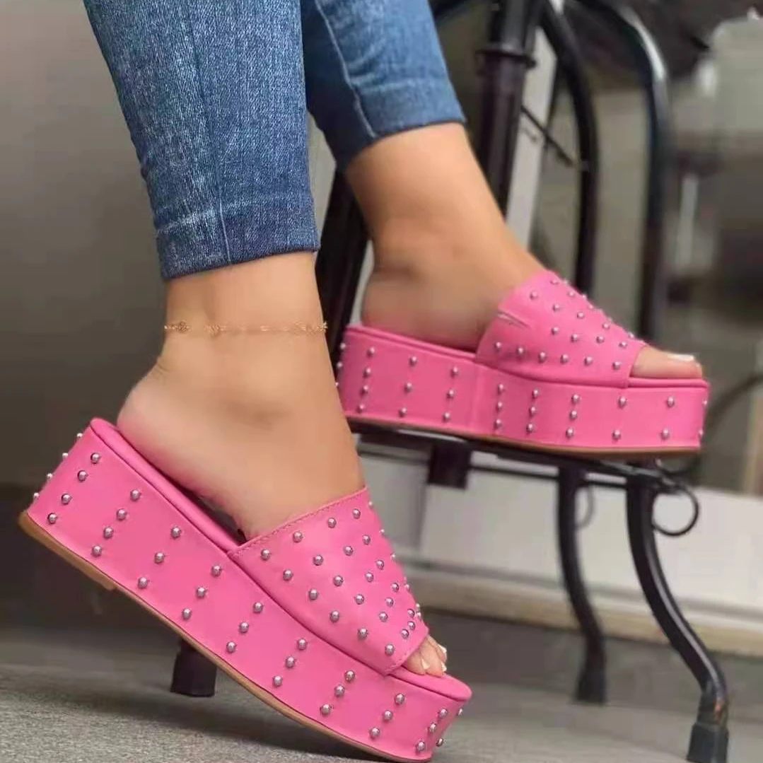 Summer 2022 New Platform Slippers Women Fashion Fish Mouth Open-toe Rivets Sandals Slippers Women's Plus Size Women's Sippers