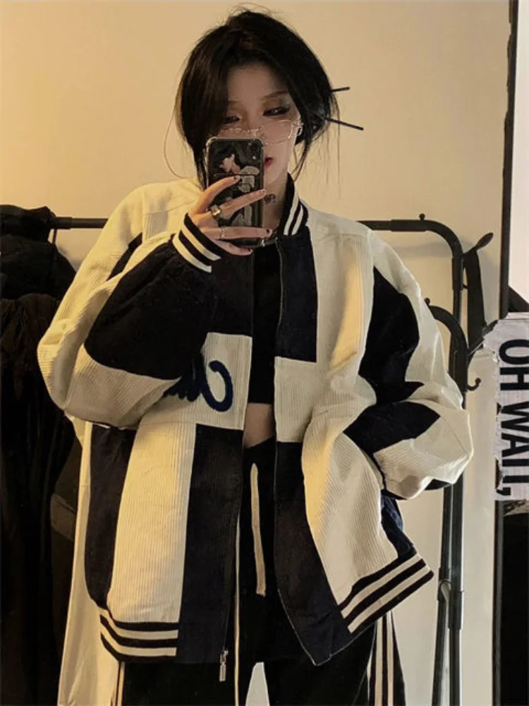 

Женская Вельветовая куртка-бомбер, винтажная куртка-бомбер в стиле Харадзюку в стиле оверсайз с молнией, куртка в стиле хип-хоп 90-х годов, корейская мода, 2023