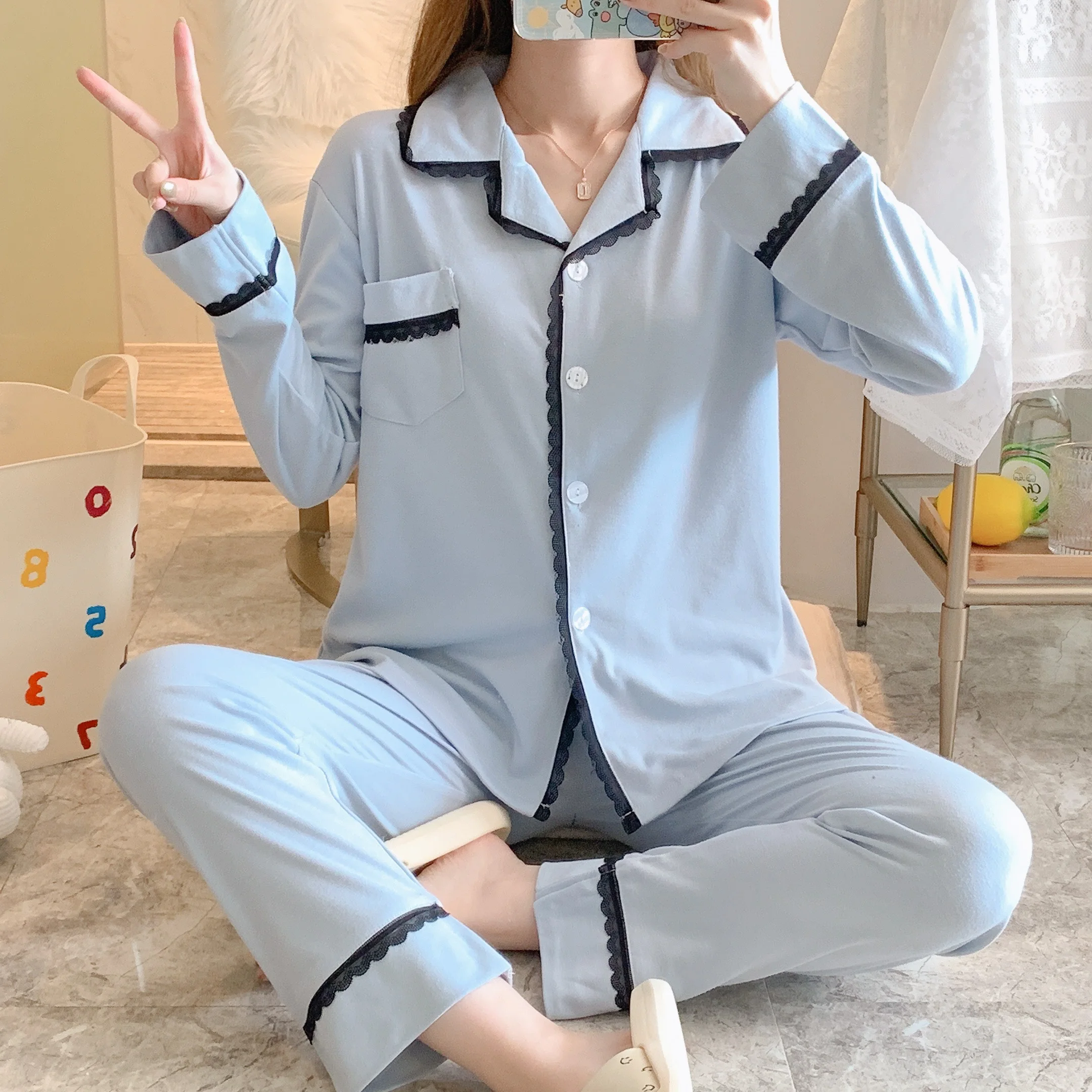 

Осенне-зимний новый вязаный хлопковый двойной длинный кардиган на пуговицах с лацканами однотонная Молодежная простая повседневная домаш...