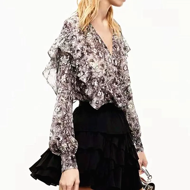 

2021 Spring and Summer New Fashion Ruffled Long-sleeved V-neck Bronzing Floral Print Loose Casual Shirt
