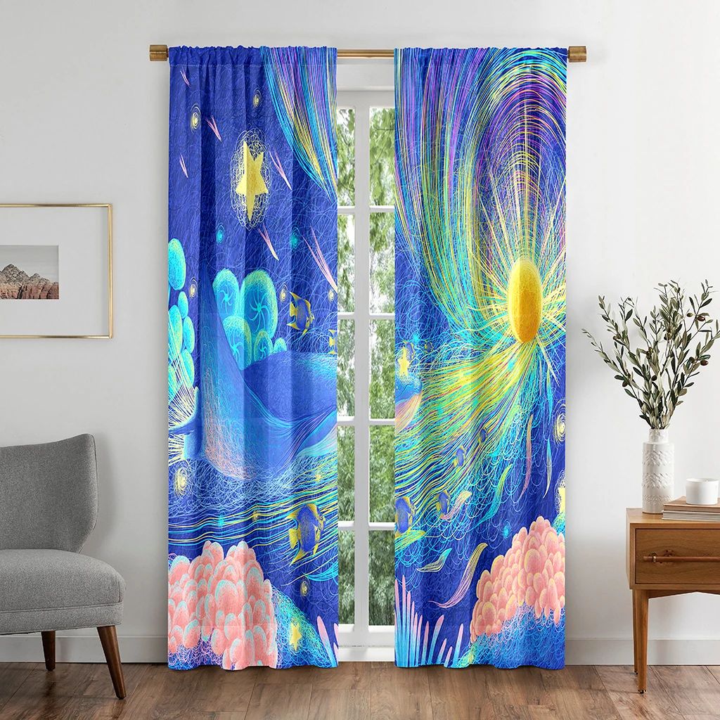 

Colorful Rainbow Starry Sky Marine Animals Underwater World 3D Printed Curtain Boys Girls Children's Room Window 2 Panels