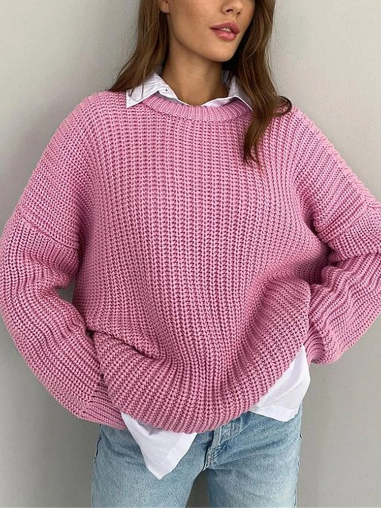 

Winter 2022 Pullover Solid Woman Sweater Vintage Knitted Korean Crewneck Long Sleeve Casual Korean Long Sleeve Loose Sweater