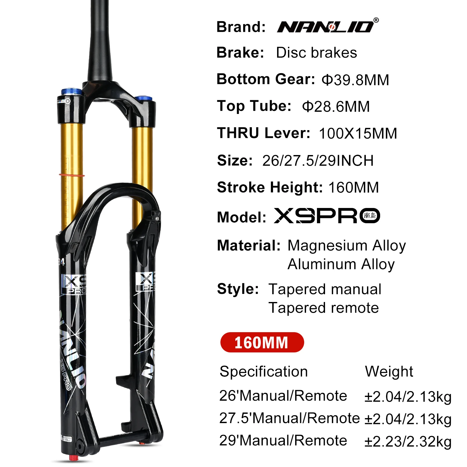 Фото Велосипедная амортизационная вилка NanLio X9 PRO MTB с воздушной подвеской, диаметр штока 34 мм, ход 140/160 мм, для колес 26/27.5/29 дюймов, быстросъемная/с выносной блокировкой, дисковый тормоз №3