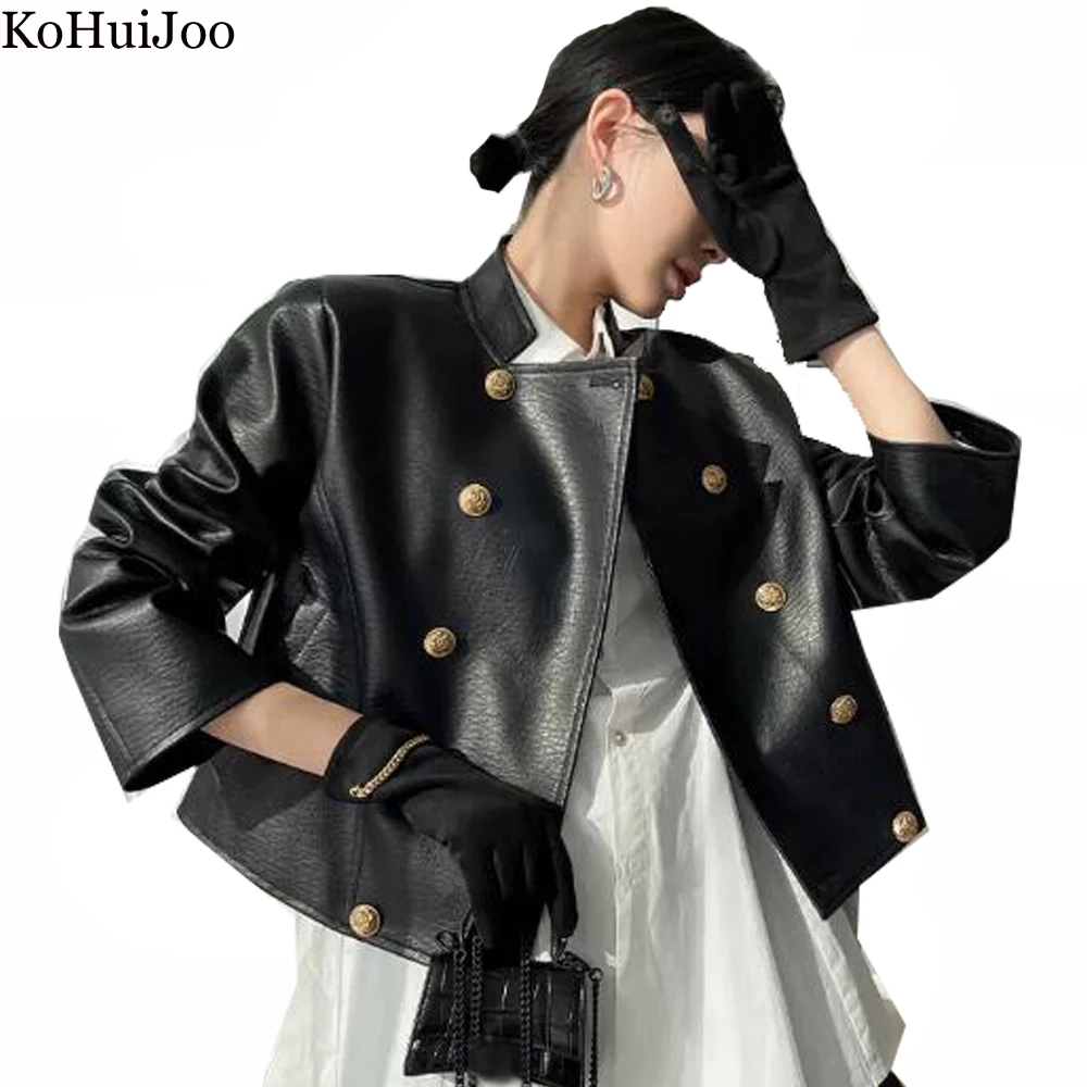 KoHuiJoo Vintage Leather Jacket Women Short 2022 Autumn Korean Style Double Breasted PU Leather Loose Casual Motorcycle jackets