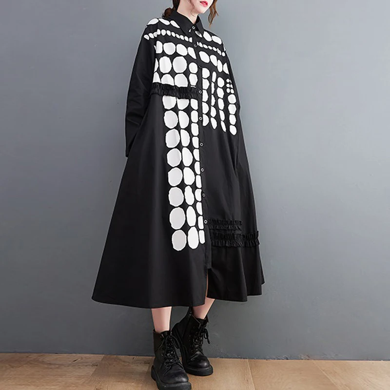 

2022 New Vestidos De Verano Spring Dots Print Runway Plus Size Muslim Robe Woman`s Long Sleeve Cotton Elgant Loose Black Dresses