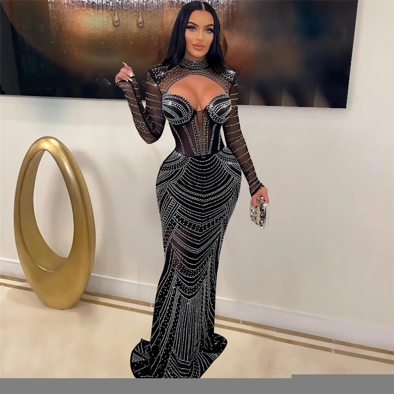

Роскошное прозрачное Сетчатое вечернее платье макси со стразами, женское сексуальное облегающее платье без бретелек с длинным рукавом, элегантное вечернее платье, платья