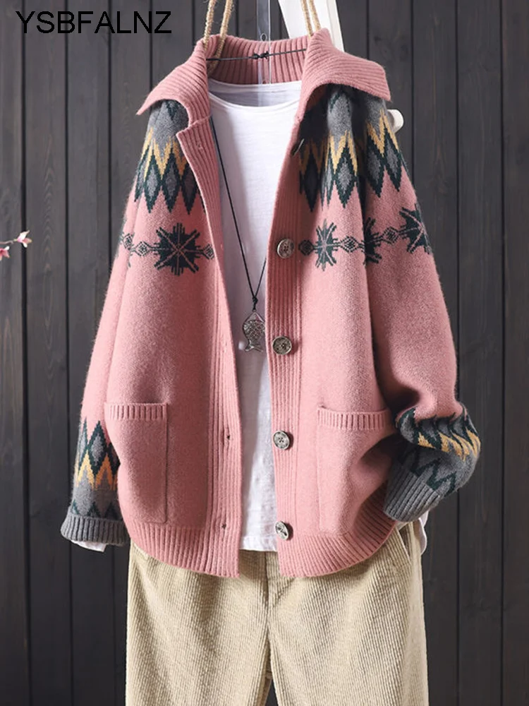 

2021 Female Autumn Winter Knitted Button Jacquard Pocket Long Sleeve Knitted Cardigan Women Sweater Coat Lapel Tops