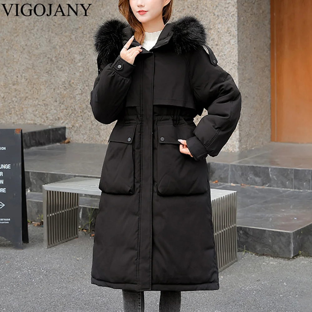 

Vigojany 2022 женская зимняя парка длинное пальто куртки с капюшоном с большими карманами Женская тонкая с меховым воротником теплая верхняя оде...