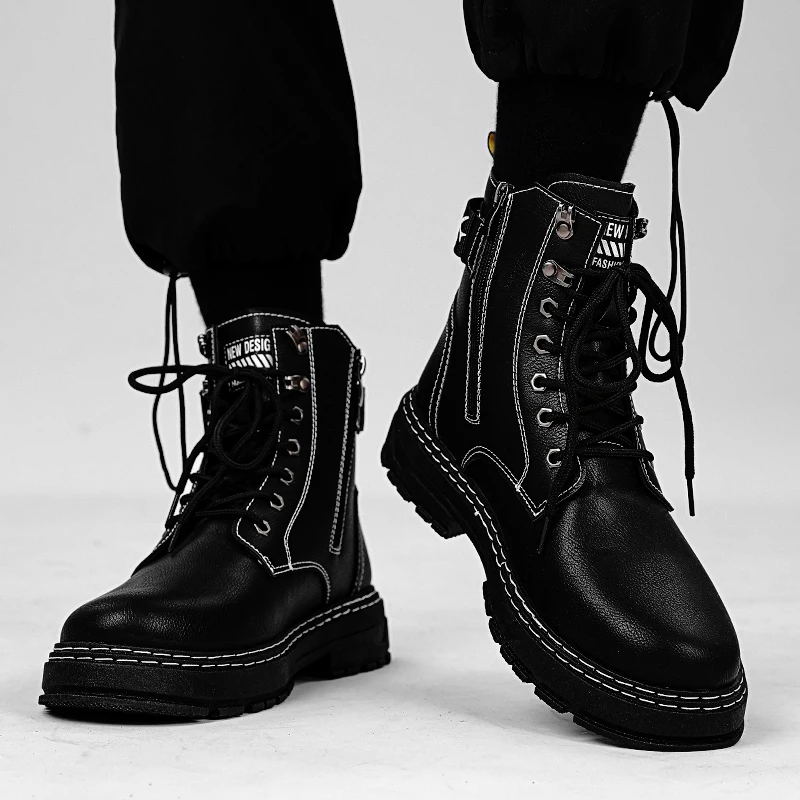 

British style motorcycle leather boots pure black men's high top leather shoes punk shoe fashion Men Boost Homber Daily Walking