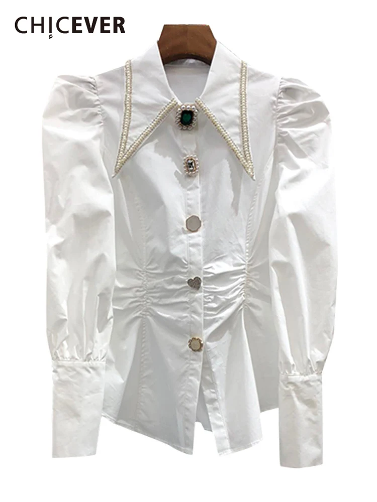 

CHICEVER Solid Casual Shirt For Women Lapel Collar Puff Sleeve Patchwork Buttons Fold Pleated Shirts Female 2022 Clothing Style