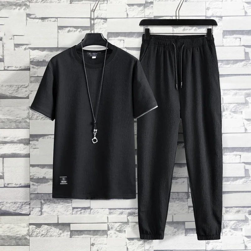 2023 Summer Ice Silk Short Sleeve T-shirt Men Leisure Set Men's Clothing Suit with Handsome Clothes Two-Piece Suit