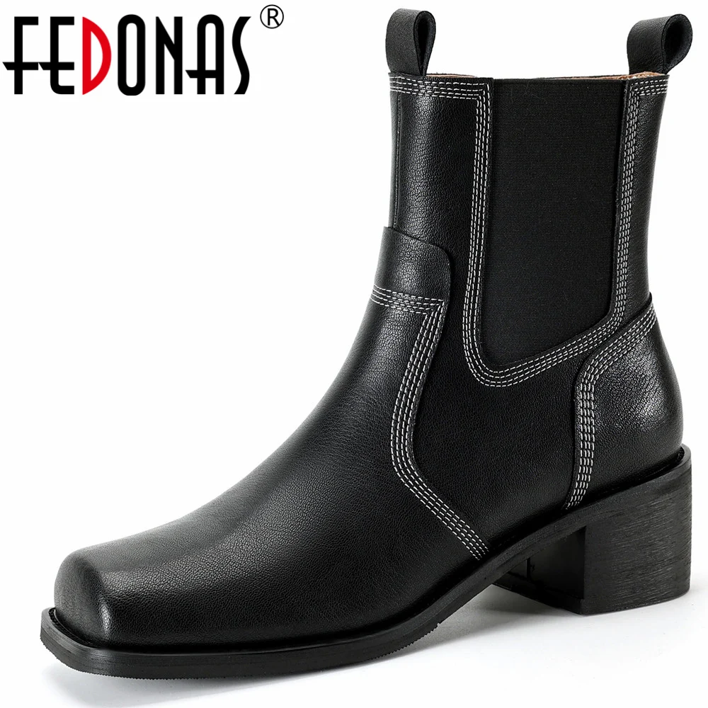 

Женские ботильоны с квадратным носком FEDONAS, черные ботинки из натуральной кожи на молнии сбоку, повседневная обувь в стиле ретро на осень и зиму 2023