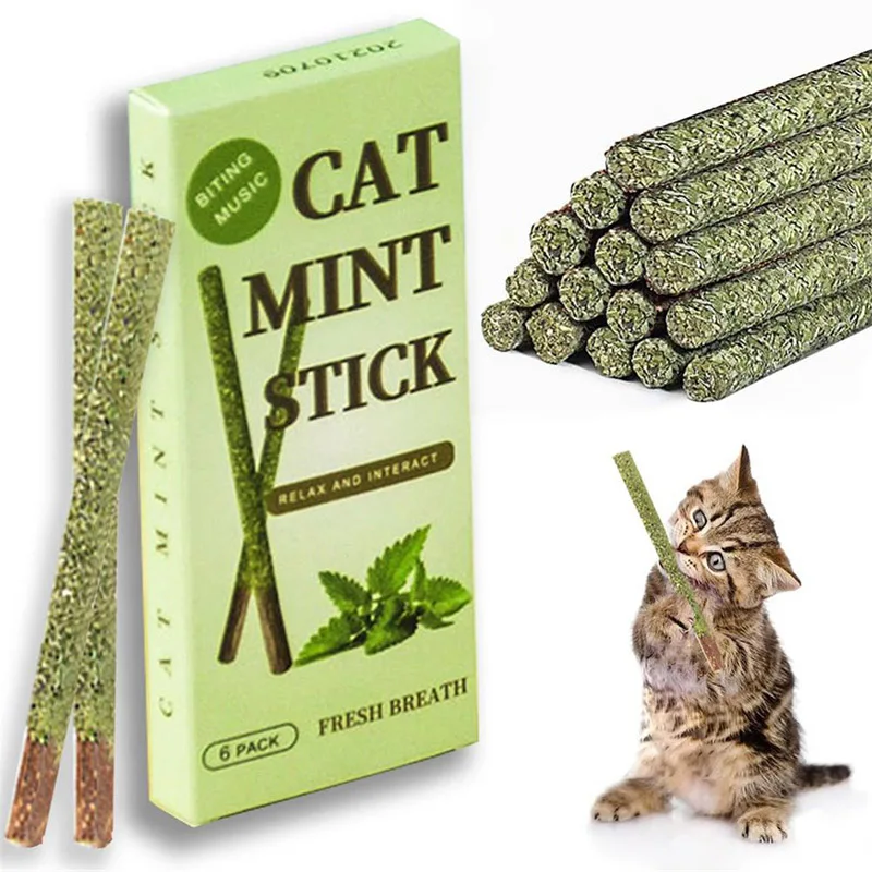 

6Pcs/Box Natural Green And Healthy Cat Snacks Sticks Pet Cat Toys MolarToothpaste Stick Cleaning Teeth Mint Ball Catnip Lollipop