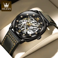 olevs new fashion diamond mechanical watch luxury leather waterproof luminous steampunk skeleton watch relogio masculino 6651