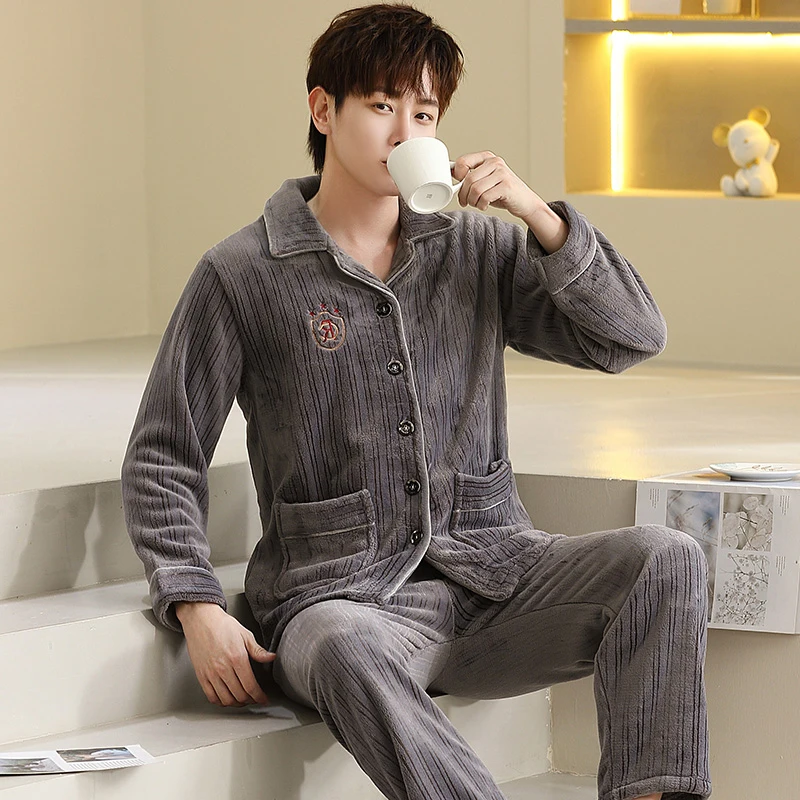 QUHENG 2022 Winter Pajamas for Man Set Flannel Plus Size Pijamas Pocket Buttons 2 Pieces Home Clothes Suits Pyjama Sleepwear