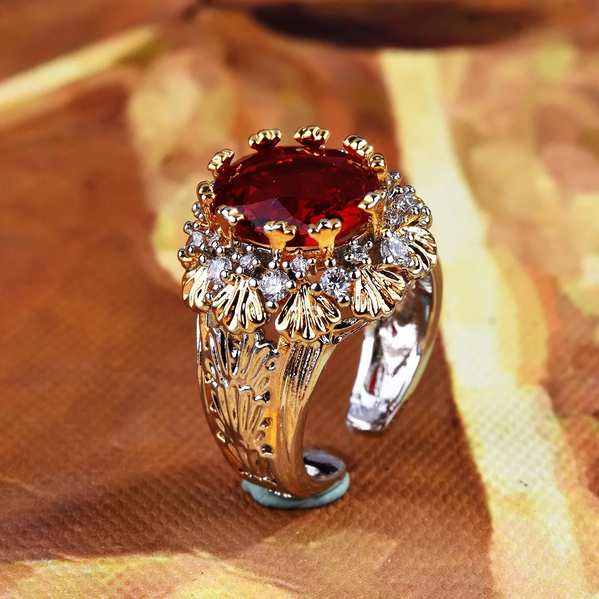 

Vintage Brushed Textured 14K Gold Carving Process Open Ring Box for Women Anillos De Ruby Gemstone Bizuteria Rings Females