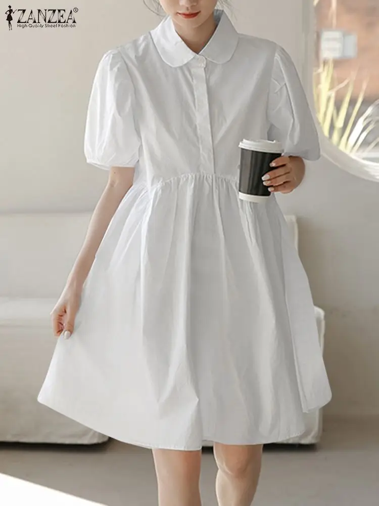 

Casual OL Lapel White Dresses Oversize ZANZEA Elegant Puff Sleeve Vestidos 2022 Summer Holiday Knee Robe Women Solid Shirt Dress
