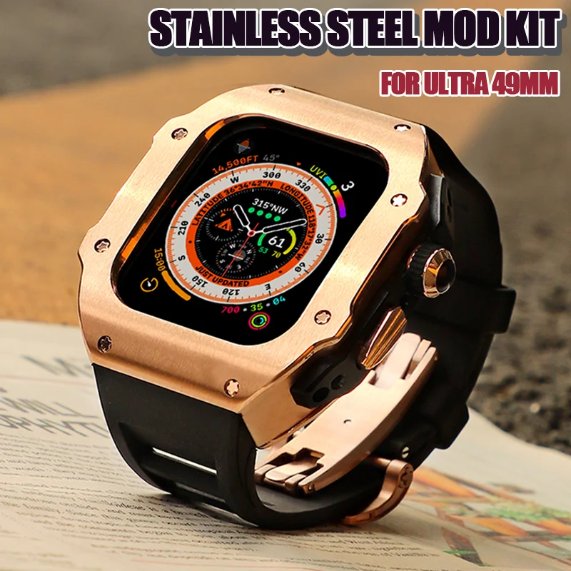 45MM Luxury Stainless Steel Case for Apple Watch Series Ultra 49mm Modification Kit for IWatch 8 7 6 5 Se 4 Fluororubber Strap