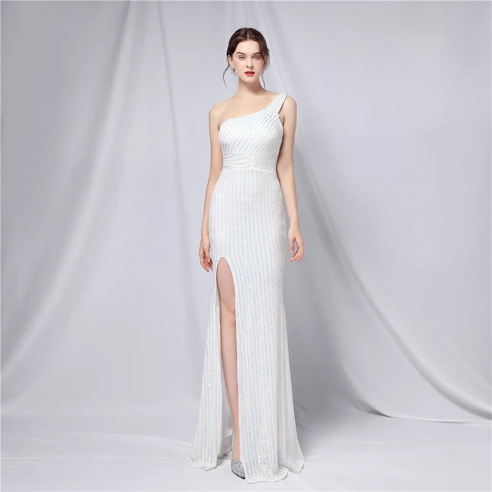 

White Sequin Women's Dress One Shoulder Elegant Dresses for Women Side Split Evening Dress Woman Special Occasion Dresses Gowns