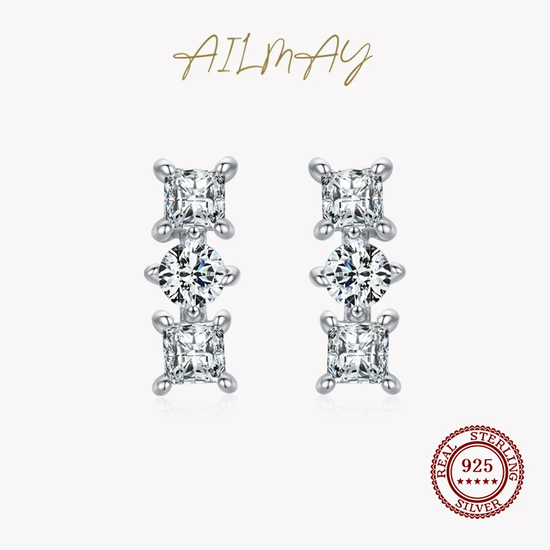 

Ailmay Real 925 Sterling Silver Luxury Shining Square And Circle Zircon Stud Earrings For Women Wedding Anniversary Fine Jewelry
