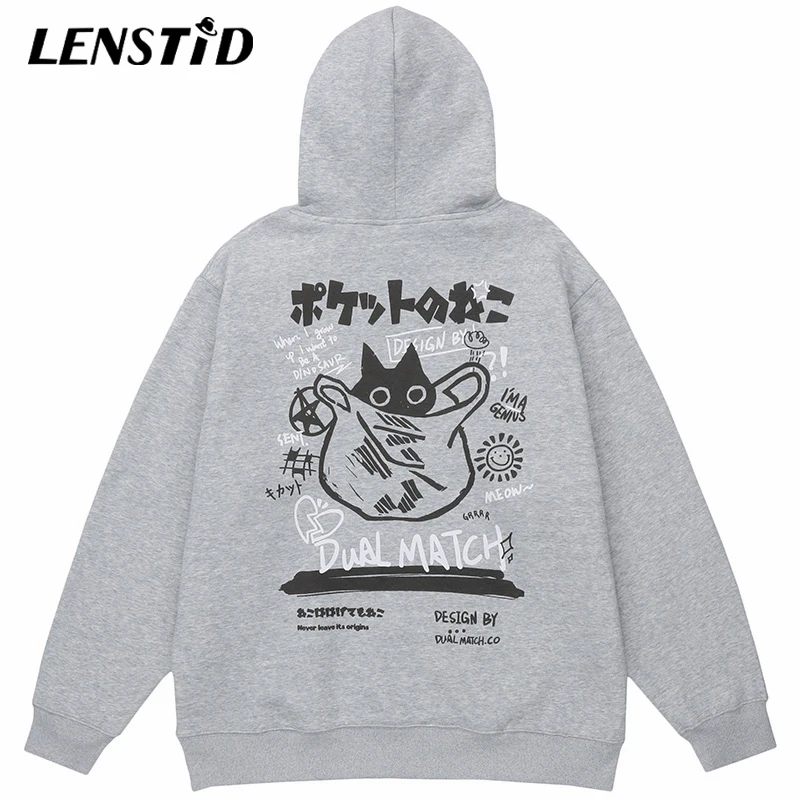 

Осенний мужской пуловер LENSTID, толстовка с капюшоном в стиле хип-хоп, кот, японский Kanji, уличная одежда с графическим принтом, Харадзюку, повсе...