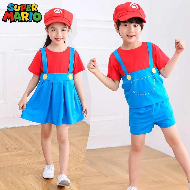 Traje de tres piezas de Super Mario para niños, Cosplay de verano, ropa de dibujos animados de Mario, conjuntos de disfraces de Hermanos para niños y niñas