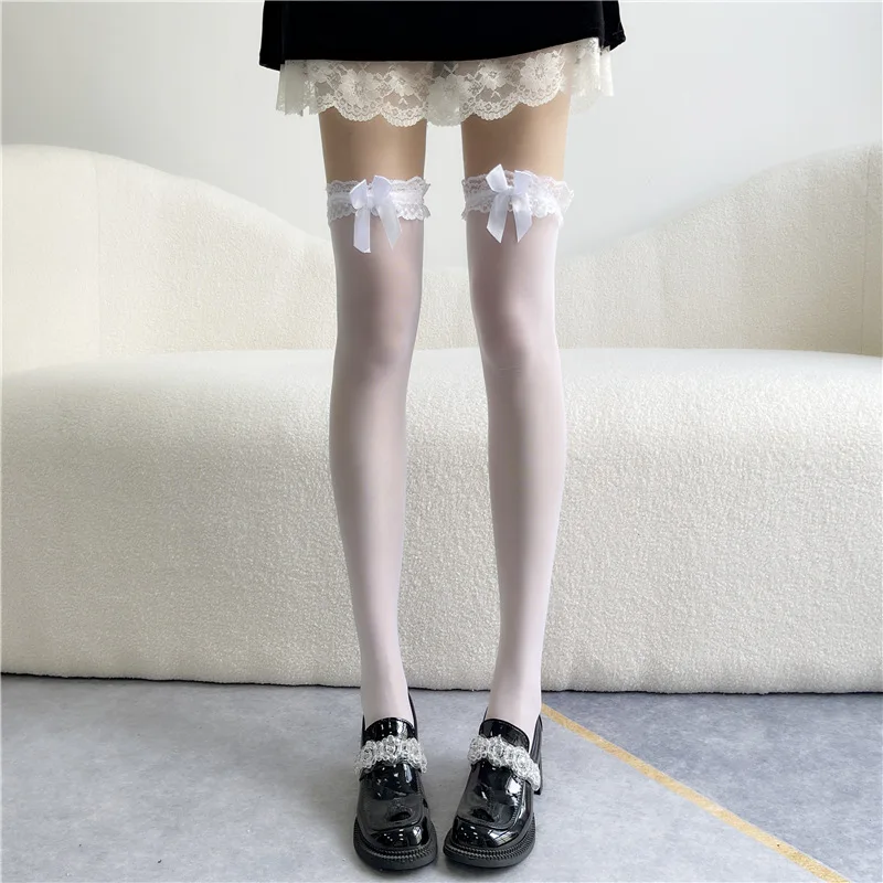 

Женские чулки до бедра в стиле "Лолита" с бантом, пикантные длинные кружевные чулки выше колена, чулки, белые носки, ажурная сеть, японский шелк